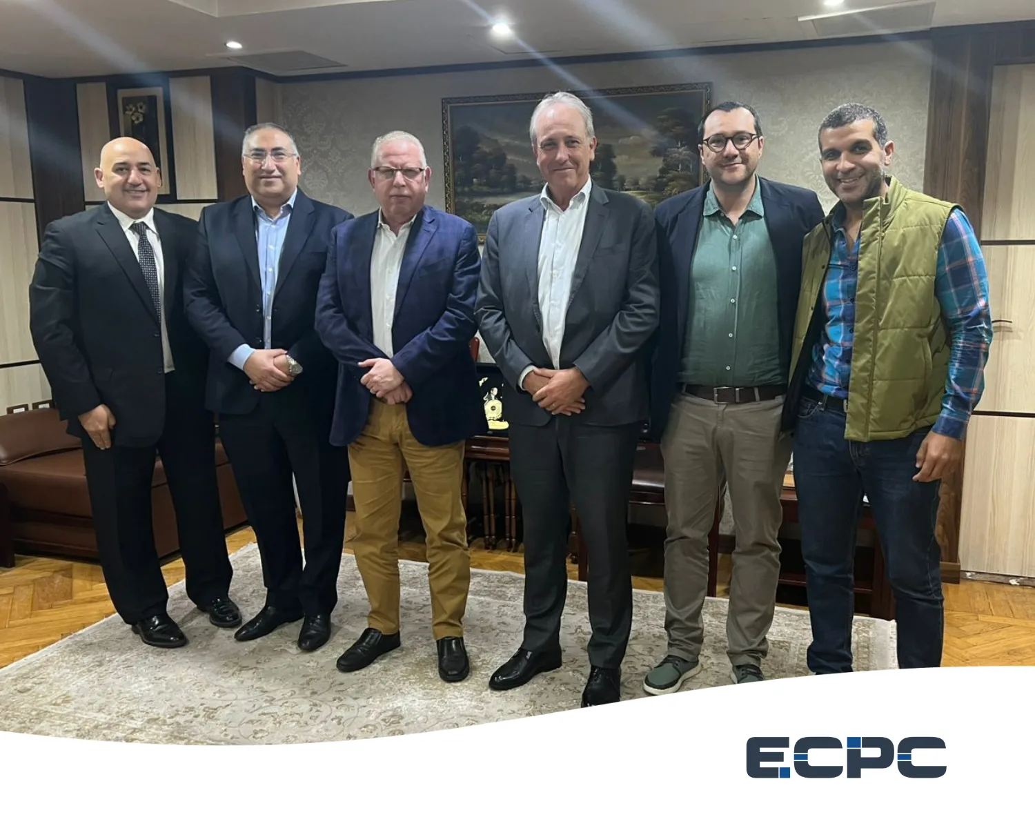 "Photo capturing the Strategic Partnership Egypt Mega Projects meeting between Major General Essam Galal (NCGCS) and the ECPC delegation."