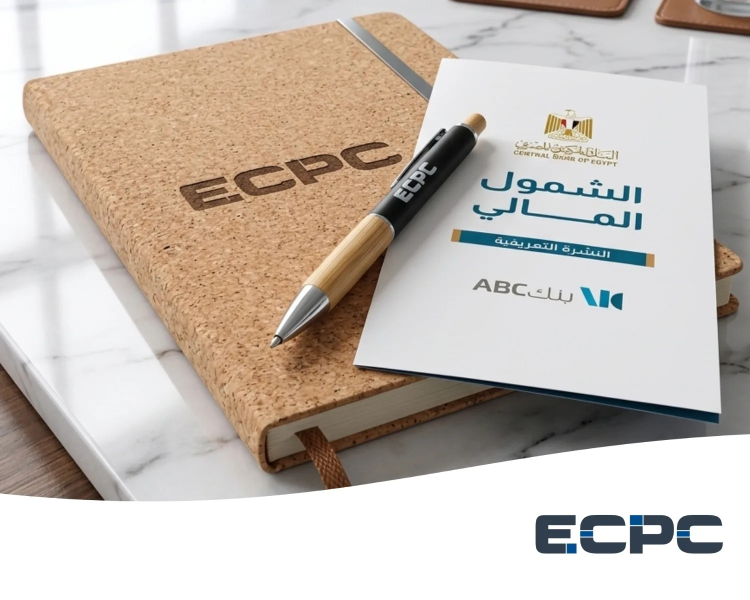 Financial literacy flyer by Bank ABC resting on an ECPC notebook with a branded pen on a marble office table.