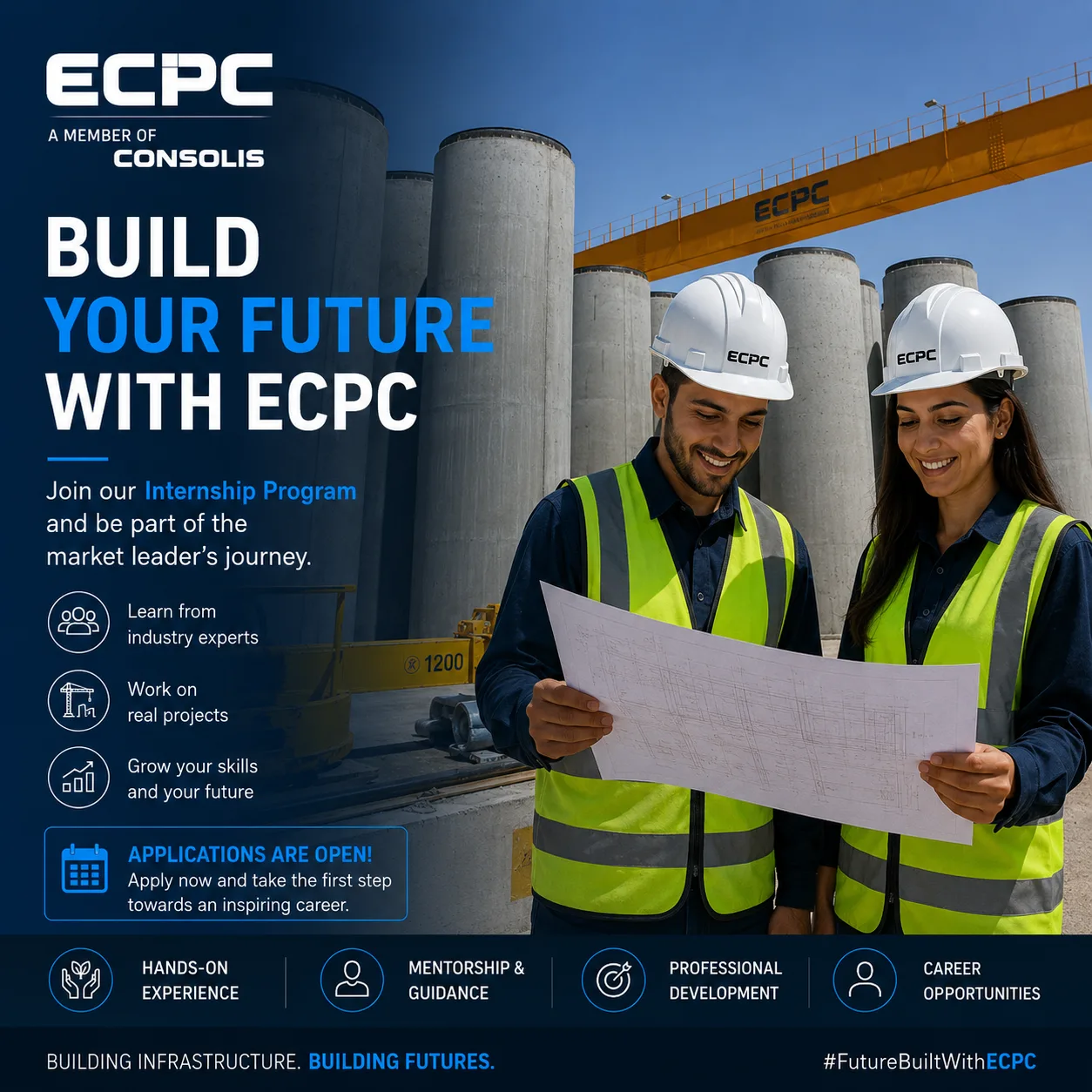 Two interns in hard hats and safety vests reviewing project blueprints at the factory for the ECPC Summer 2026 Internship Program.