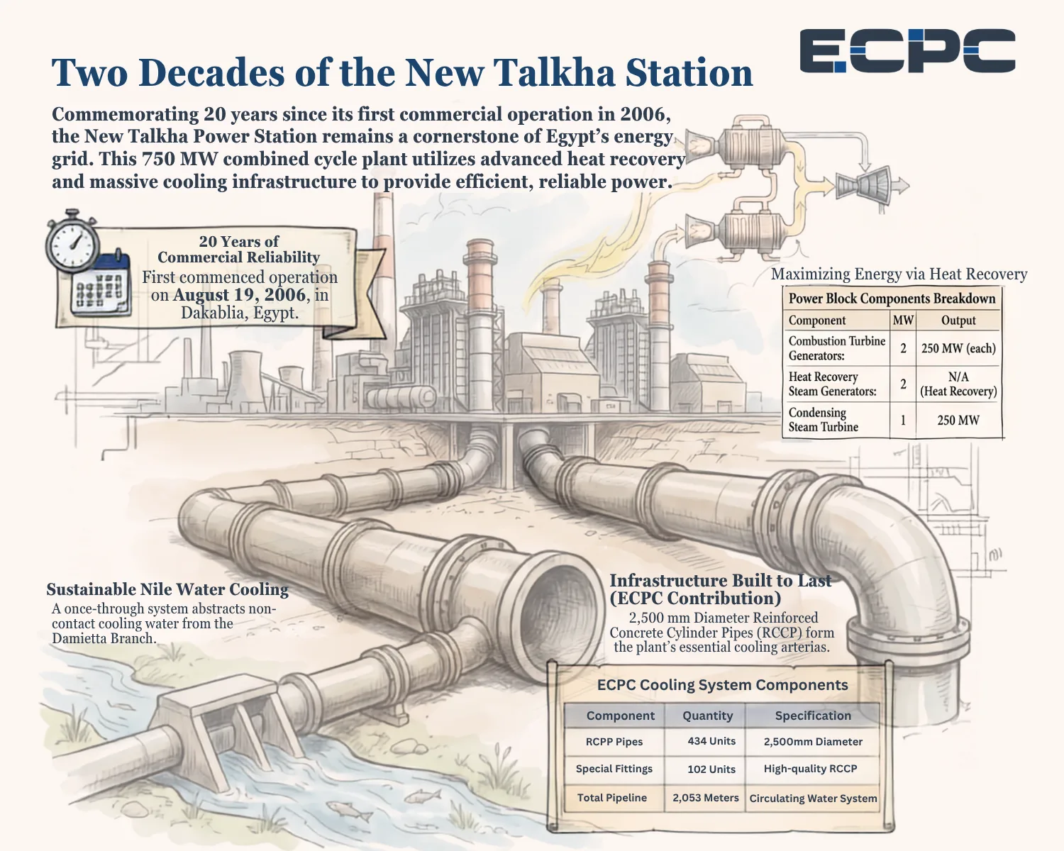 Infographic showing 20 years of the New Talkha Power Station and ECPC concrete cooling pipes.